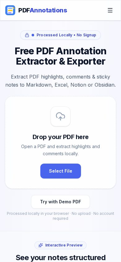 PDF Annotation Extractor mobile view